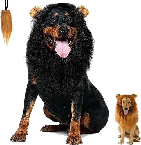 Löwenmähne for Hunde, Hundelöwenmähne mit Löwenschwanz, Hundelöwenmähnekostüm verstellbar, Hunderealistische Haustierlöwenmähne for alle Hunde (Color : Black, Size : L)