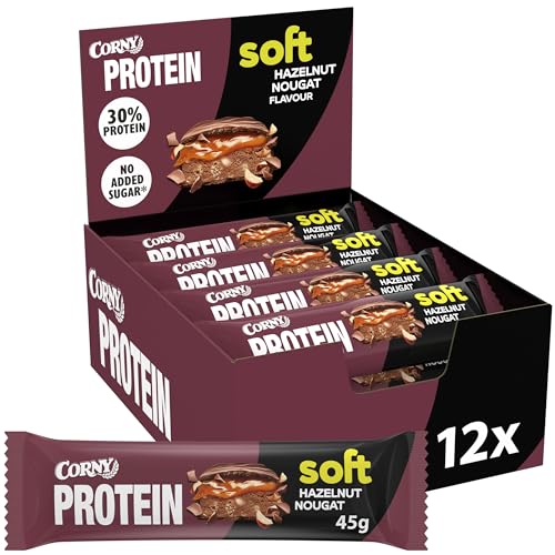 Protein Riegel Corny Soft Hazelnut-Nougat, 30% Protein, Eiweißriegel ohne Zuckerzusatz, Vorratsbox 12x45g