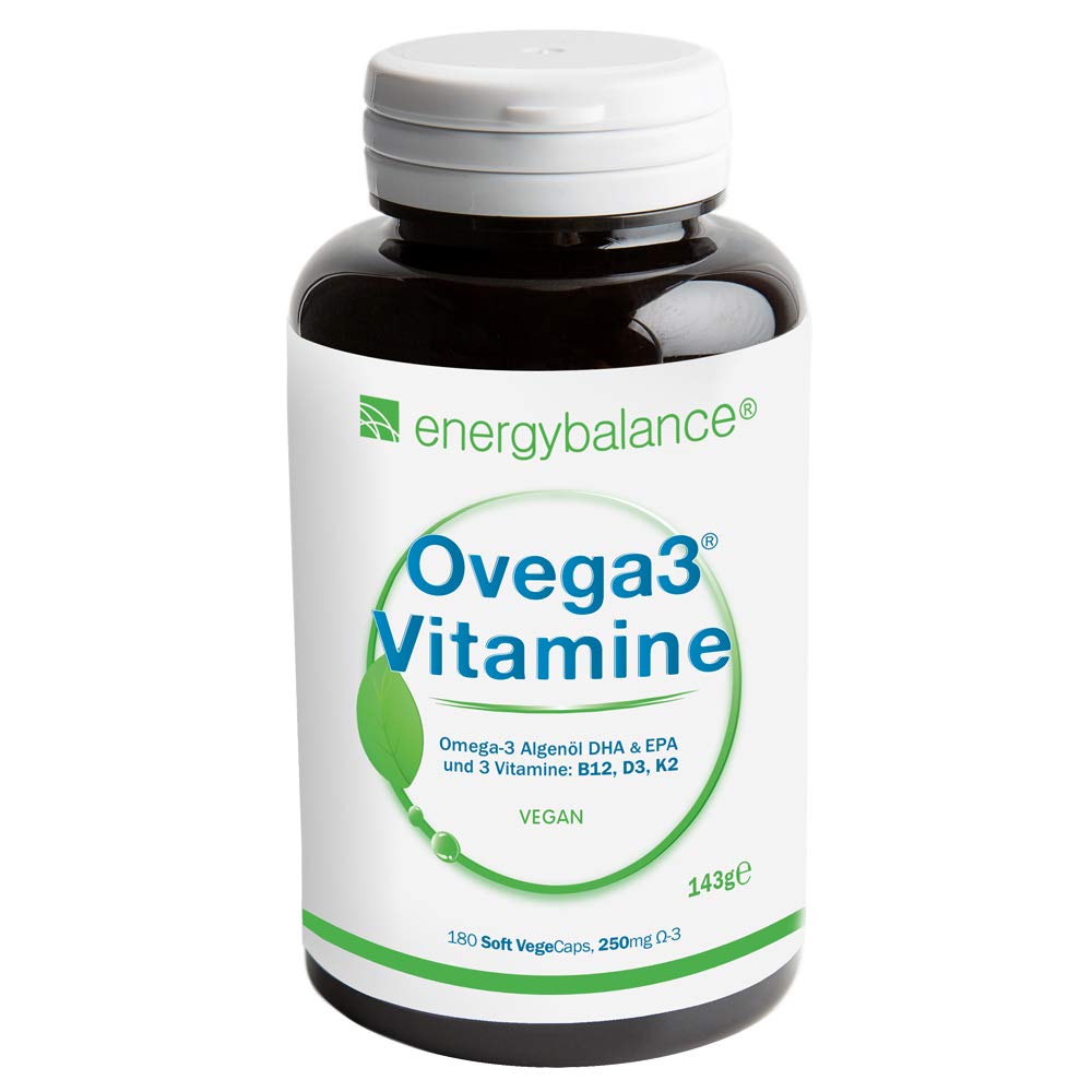 Ovega3® Omega 3 Algenöl Kapseln - DHA & EPA 250mg – Omega 3 mit Vitamin D3, K2, B12– Vegan - Glutenfrei, GVO frei - OHNE Gelatine – Nahrungsäquivalent – Bioverfügbar - 180 VegeCaps