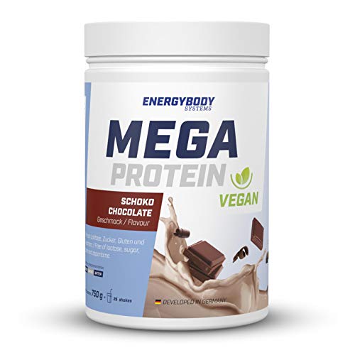Energybody Mega Protein Vegan (Schoko) | Proteinpulver mit Erbsenprotein und Reisprotein ohne Soja | Veganes Eiweißpulver laktosefrei, zuckerfrei, glutenfrei, aspartamfrei | 750 g, 25 Portionen