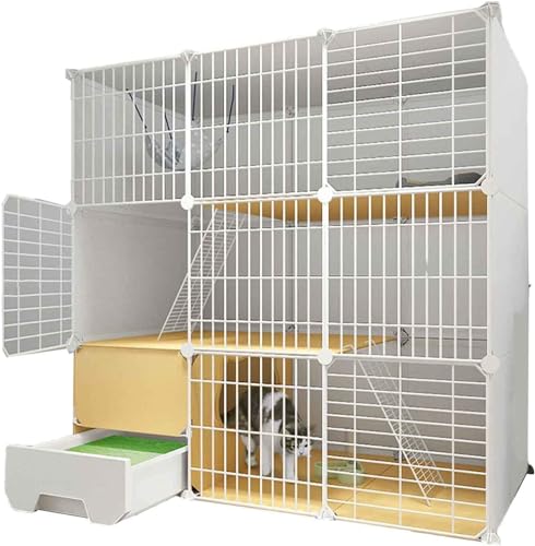 Haustier-Laufstall für Katzen, Katzenvilla für den Innenbereich mit geschlossener Katzentoilette, Katzenkäfig, ultrabreite Plattform, einfach zu montieren/Weiß/B