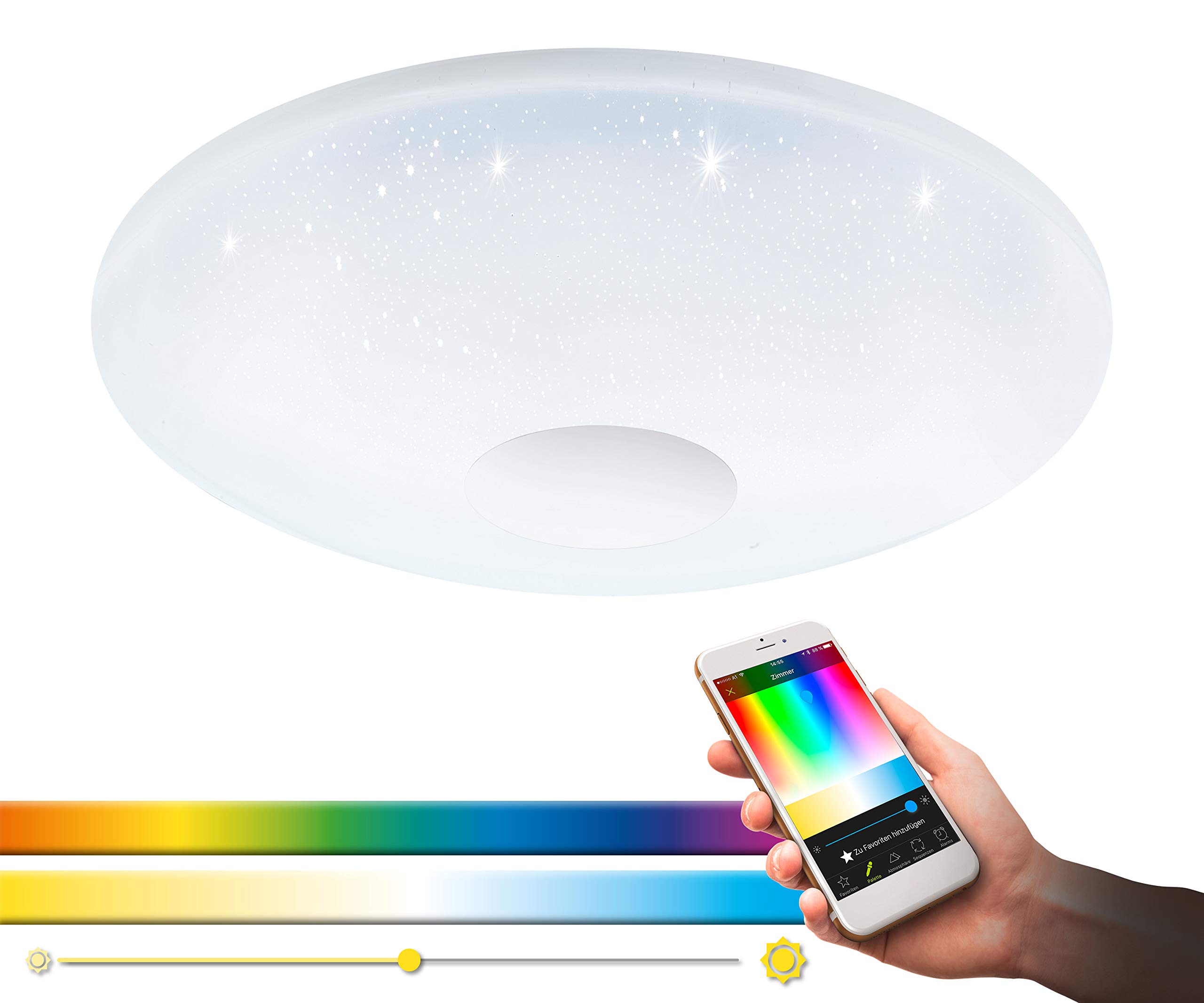 EGLO connect LED Deckenleuchte Voltago-C, 1 flammige Deckenlampe mit Kristall-Effekt, Lichtfarbe (warmweiß – kaltweiß), RGB, dimmbar, Wohnzimmerlampe aus Metall und Kunststoff in Weiß, Ø 38 cm