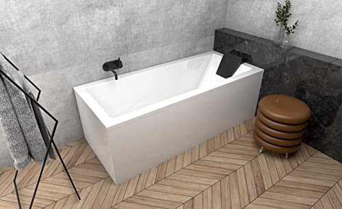 ECOLAM Badewanne Wanne Rechteck Modern Design Acryl weiß 180x80 cm + Kopfstütze schwarz + Schürze Ablaufgarnitur Ab- und Überlauf Automatik Füße Silikon Komplett-Set