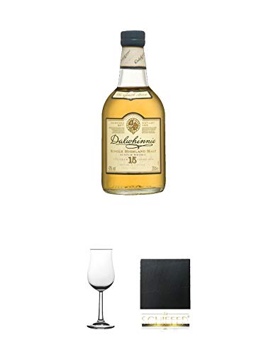 Dalwhinnie 15 Jahre Single Malt Whisky 0,2 Liter + Whisky Nosing Gläser Kelchglas Bugatti mit Eichstrich 2cl und 4cl 1 Stück + Schiefer Glasuntersetzer eckig ca. 9,5 cm Durchmesser
