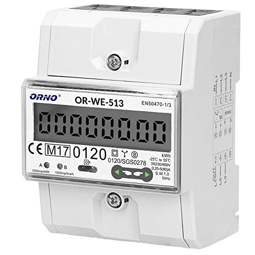 ORNO OR-WE-513 Stromzähler Hutschiene 3-Phasen-Anzeige des Stromverbrauchs mit MID Zertifikat, 0,25A - 80A, 3 x 230V/400V~, 50/60Hz, 1000 imp/kWh