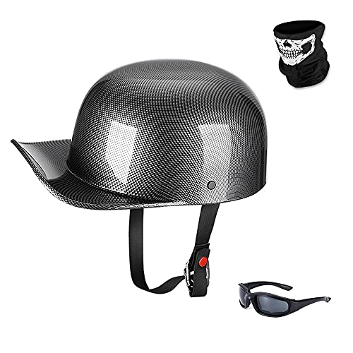 Woljay Jahrgang Jethelm Motorradhelm Retro Baseball Kappe Halbhelm Männer Frauen für Kreuzer Straße Roller Moped mit Maske Gläser - DOT Certified (Gloss Carbon Fiber,L)