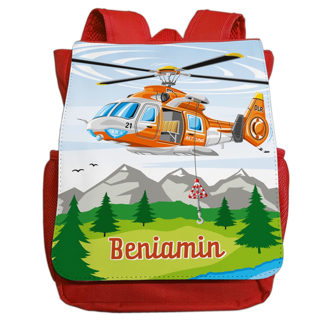 minimutz Kindergartenrucksack Helikopter für Jungen mit Name | Personalisierter Rucksack Rettungs-Hubschrauber für Kinder | Kleiner Freizeitrucksack Kinderrucksack Kita Kindergarten 2-5 Jahre (rot)
