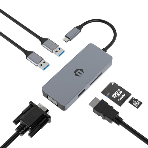USB-C-Hub, 6-in-1-USB-C-Hub-Adapter, USB C mit 4K-HDMI-Ausgang, VGA, SD/TF-Kartenleser, 2 USB 3.0 für Dell Surface Pro 8/7 und andere Typ-C-Geräte