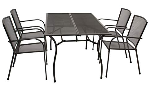 DEGAMO Gartengarnitur Classic 5-teilig, 4X Stapelsessel und 1x Tisch 90x150cm rechteckig, Streckmetall anthrazit beschichtet