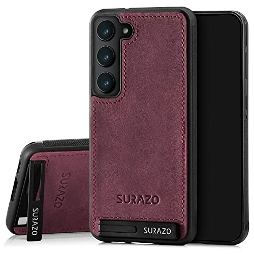 SURAZO Premium Echtleder Back case für Samsung Galaxy S23 Hülle – Stoßfestes Leder Handyhülle Cover mit [Standfunktion, Schlüsselanhänger] Vintage Slim Bumper Schutzhülle (Burgund)