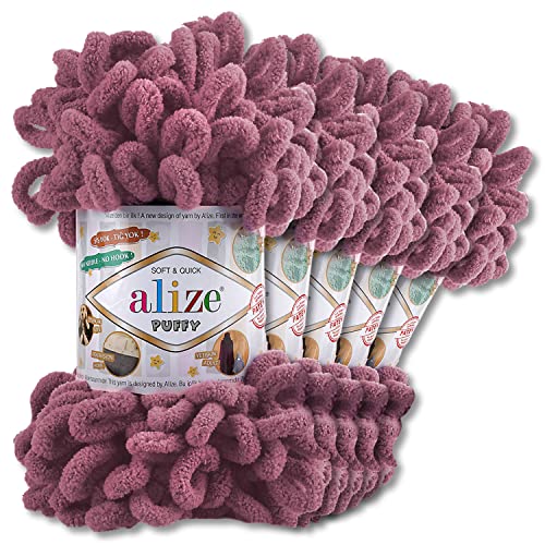 Alize 5 x 100 g Puffy Wolle Chenille Schlaufenwolle Häkeln und Stricken ohne Hilfsmittel Kleidung Accesoire Decken Teppiche (28 | Mauve)