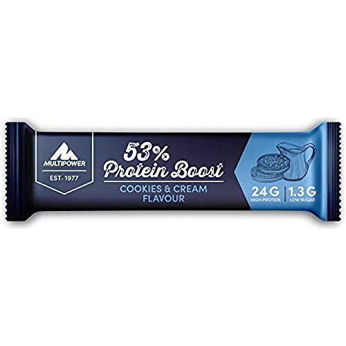 Multipower 53% Protein Boost – 20 x 45 g Protein Riegel Cookies & Cream mit 53% hochwertigem Protein – 24 g Eiweiß und 1,3 g Zucker je Eiweißriegel