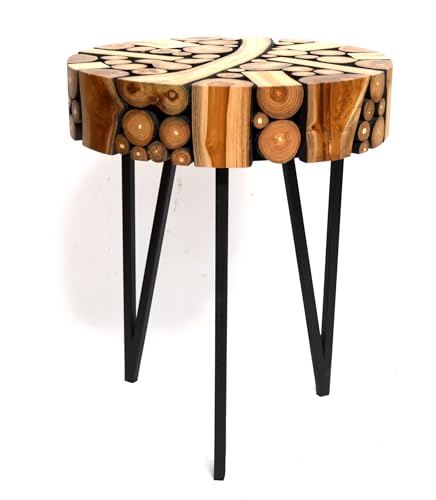 Brillibrum Design Baumscheibentisch Beistelltisch Dreibeintisch Baumscheiben handgefertigter Beistelltisch aus Mischholz kleine Baumscheiben Couchtisch Kaffeetisch Eisengestell (55x45cm (HxØ))