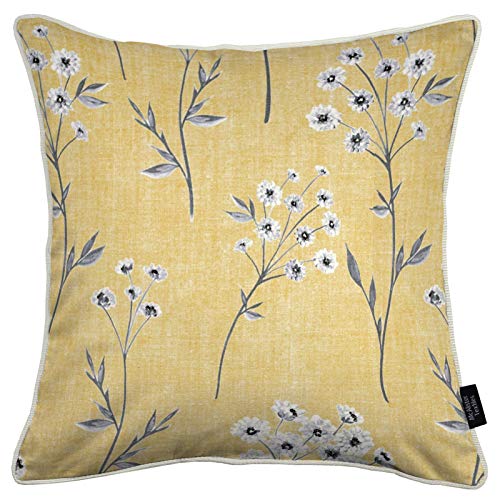 McAlister Textiles Meadow | gefülltes Sofakissen in Gelb | 43 x 43cm | paspeliertes deko Kissen aus Baumwolle für Sofa, Couch, Bett