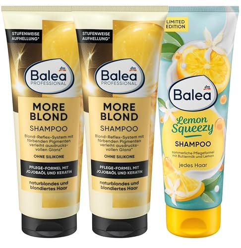Balea 3er-Set Haarpflege: Professional Shampoo MORE BLOND Pflege & Glanz für naturblondes blondiertes Haar (2 x 250 ml) + Shampoo LEMON SQUEEZY sanfte Reinigung, pflegt seidig-zart (250 ml), 750 ml