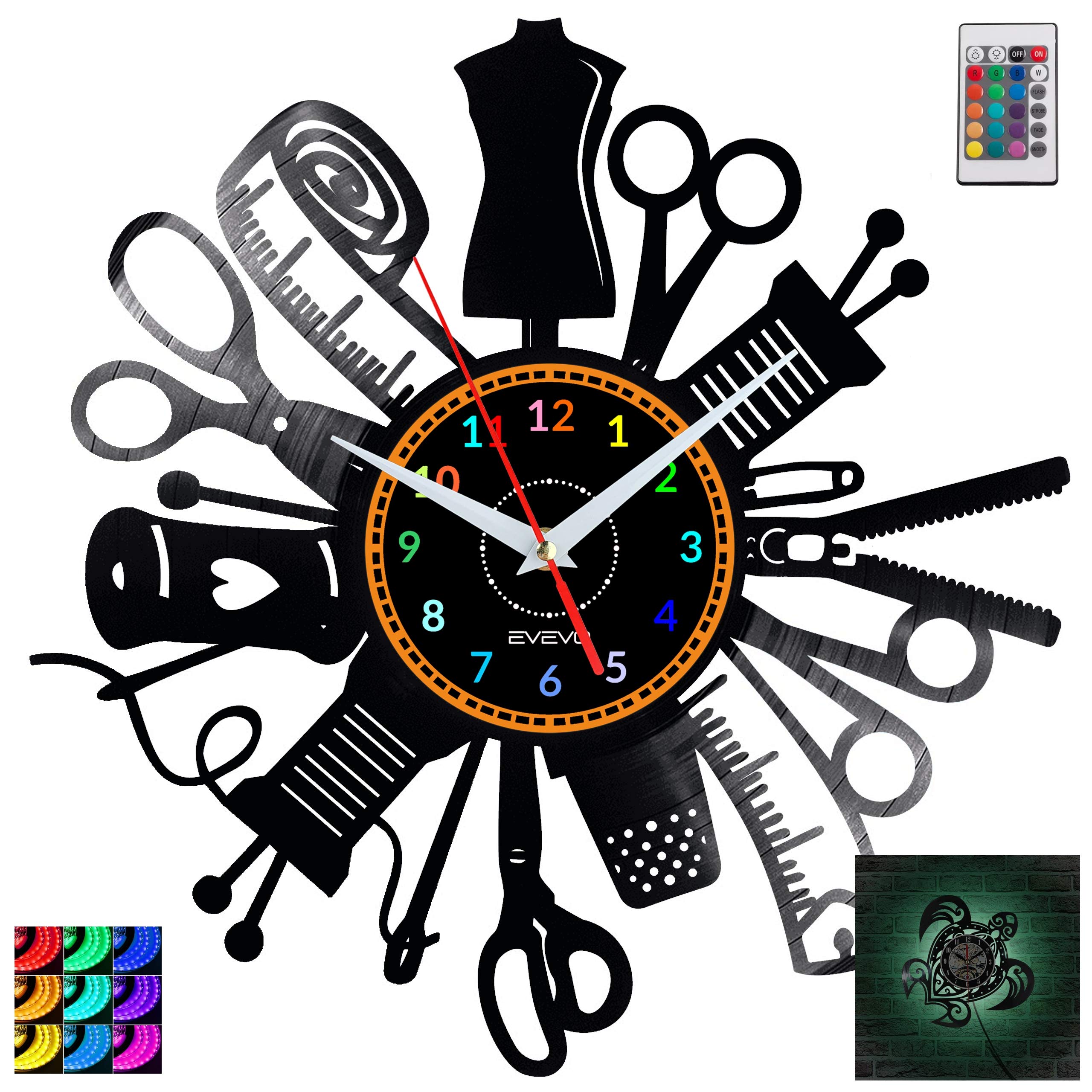 EVEVO Nähmaschine Wanduhr RGB LED Pilot Wanduhr Vinyl Schallplatte Retro-Uhr Handgefertigt Vintage-Geschenk Style Raum Home Dekorationen Tolles Geschenk Uhr