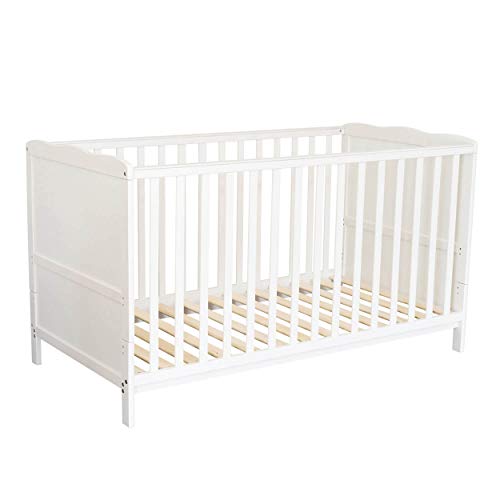 Puckdaddy Babybett Nele – 140x70 cm, Umbau-Bett aus Holz in Weiß, höhenverstellbares Gitterbett mit herausnehmbaren Sproßen, Kinderbett von 0-5 Jahren
