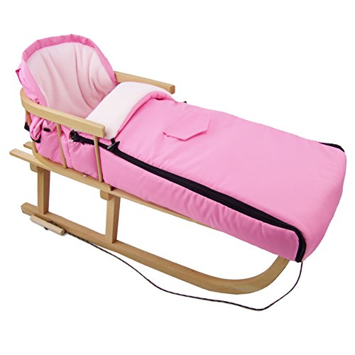 Kombi-Angebot Holz-Schlitten mit Rückenlehne & Zugseil + universaler Winterfußsack (108cm), auch geeignet für Babyschale, Kinderwagen, Buggy, Thermofleece Uni (rosa + Schlitten)