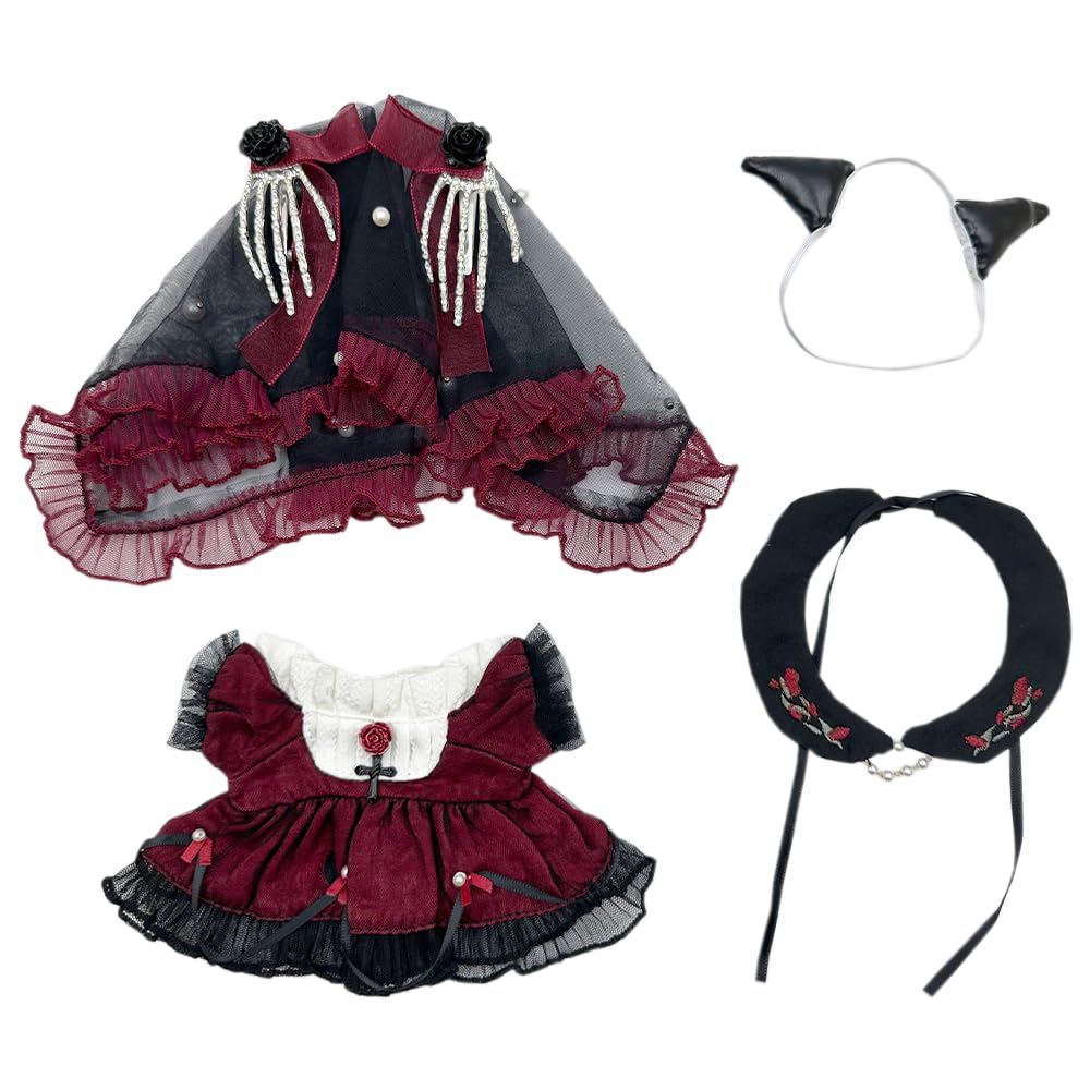 niannyyhouse 20 cm Plüschpuppenkleidung Perlenschleier Kleid Kopfschmuck Kragen dunkle Rose Outfit 20,3 cm Puppen Verkleidungszubehör (rot)