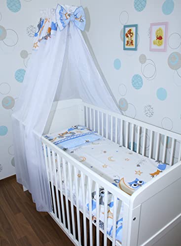 Baby Bettset Bettwäsche mit Himmel Chiffon - Eule Blau - Bettausstattung Set (7 teilig)