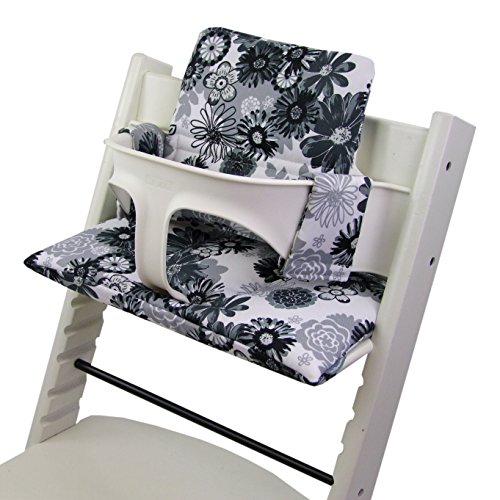 BAMBINIWELT Ersatzbezug Bezug Sitzkissen Kissen-Set Sitzverkleinerer kompatibel mit STOKKE Tripp Trapp für Hochstuhl-Kinderstuhl DESIGN (weiß schwarz grau Blumen)