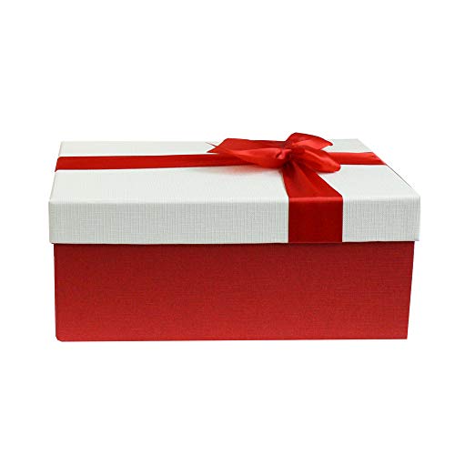 Emartbuy Geschenkbox, 31 x 21 x 15 cm Rot mit Creme Deckel und Satin Zierschleifenband