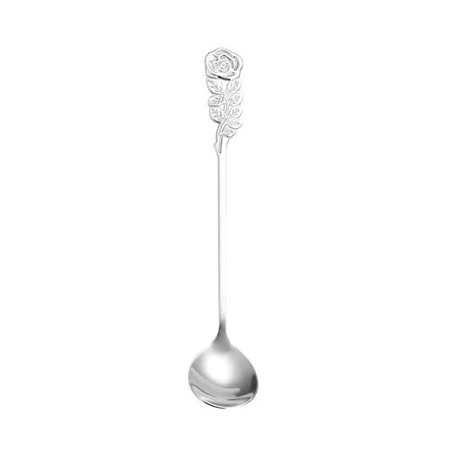 Rosen-Design-Teelöffel, japanischer Stil, Edelstahl, Kaffeelöffel, Tassenzubehör, String-Löffel (Color : Silver, Size : Big spoon)