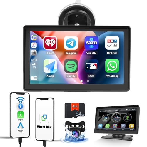 OiLiehu Wireless Apple Carplay Android Auto Stereo mit Rückfahrkamera/64GB TF-Karte 7 Zoll Tragbar Touchscreen Carplay Autoradio Bluetooth Unterstützt AUX/FM Transmitter/Spiegel-Link/Sprachsteuerung