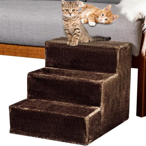 BAKAJI Haustiertreppe mit 3 Stufen und abnehmbarem Plüschbezug, Rampe für Katzen und ältere Hunde, Leiter mit hoher Dichte, 45,5 x 36 x 34 cm … (Braun)