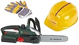 Klein Theo 8456 Bosch Werker-Set I Robuste Kettensäge mit Licht und Sound I Hochwertiger Helm und Arbeitshandschuhe für Rollenspiele I Spielzeug für Kinder ab 3 Jahren