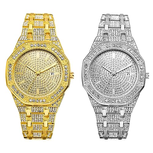 JewelryWe Uhren Herren Damen Strass Iced-Out - 2pcs Gold/Silber Bling Diamant Analog Quarz Armbanduhr mit Metall-Armband und Achteckigem Gehäuse Luxus Glitzer Strass Kristall Uhr für Männer Frauen