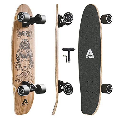 Apollo Mini-Longboard, toller Midi Cruiser als Komplett-Board, 70cm (30x8), wendiges Kick Tail Mini Longboard aus Holz im Vintage Skateboard-Style mit High Speed ABEC 9 Kugellagern