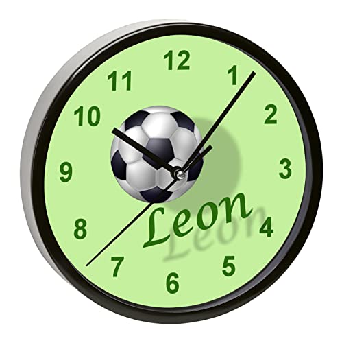 CreaDesign, WU-31-1020 Fußball Wanduhr für Kinderzimmer, lautloses Uhrwerk ohne Ticken, personalisierbar mit Namen, Rahmen schwarz, Durchmesser 19,5 cm