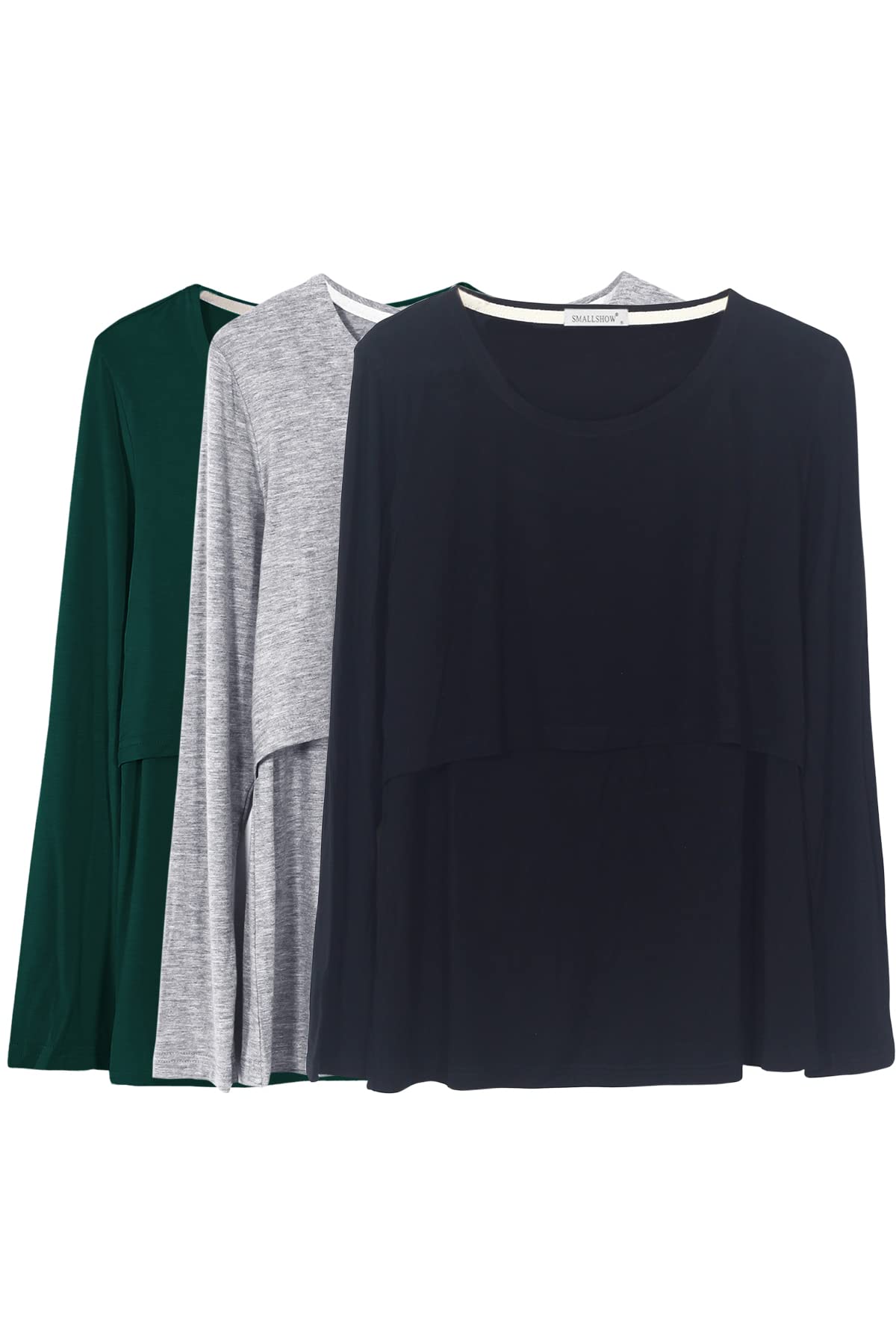 Smallshow Damen Stillshirt Langarm Umstandsshirt 3er Pack,Black/Grey/Deep Green,M