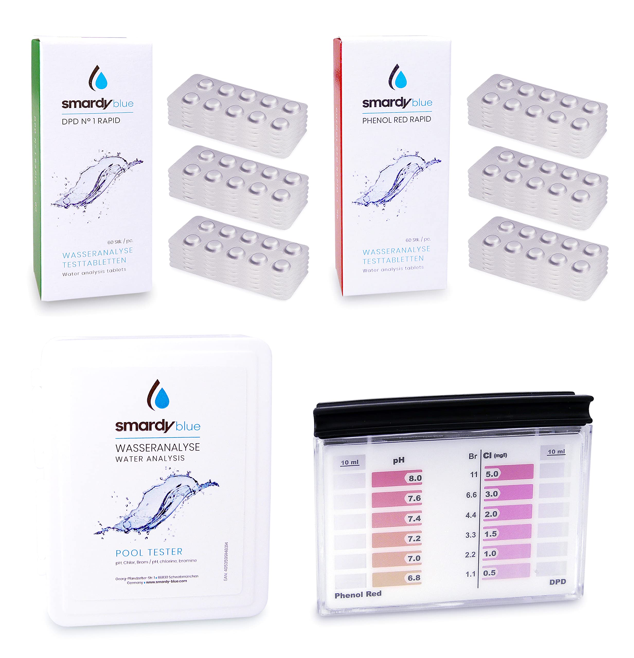 SMARDY Pooltester Testkit - 360 Testtabletten Rapid für pH-Wert/Freies Chlor/Brom, Reagenzbehälter, Aufbewahrungsbox