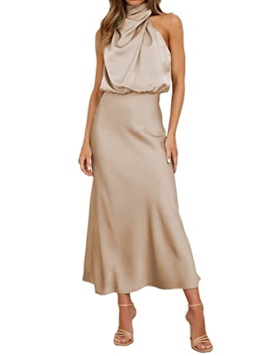 HENGNICE 2023 Frühjahr und Sommer neue High-End-Satin ärmelloses Kleid Europäische und amerikanische Mode elegantes Promi-Licht-Abendkleid (Color : Braun, Size : L)