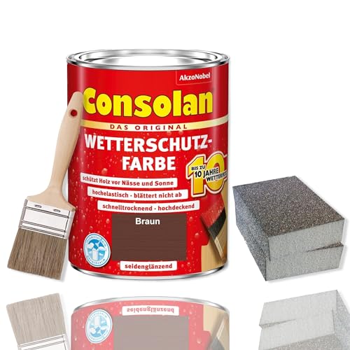 Consolan Wetterschutzfarbe Set 750 ml Holzfarbe Dauerschutz Deckend mit Zubehör (Braun)