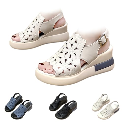 BIUBIULOVE Sportsandalen Für Damen, Orthopädische Sportsandalen Für Damen, Muffin-Sandalen Mit Hohlriemen, Wasserdichte, Leichte Plateauschuhe Für Spaziergänge Im Freien (Weiß,37)