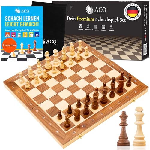 ACO Schachspiel mit Schachbuch 38 x 38cm - Schach und Dame aus Walnussholz klappbar und magnetisch mit Reisetasche - Schachbrett Holz Set Chess board - Brettspiele