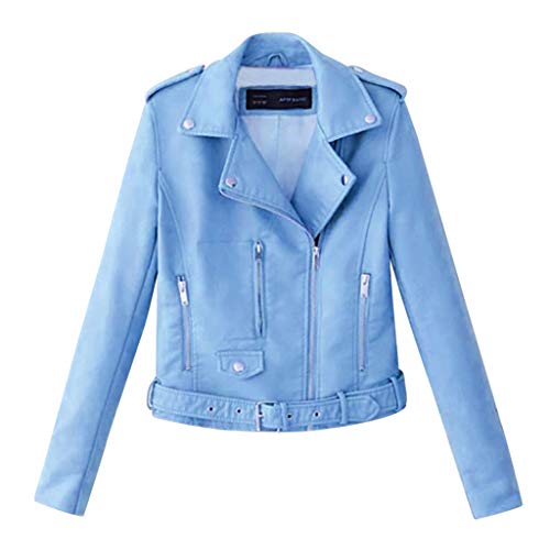 Yowablo Lederjacke Damen Künstlich PU Bikerjacke mit Reißverschluss, Kurze Jacke für Herbst mit Niet (3XL,Blau)