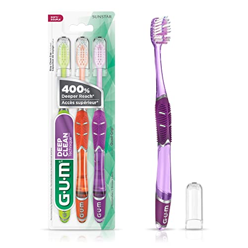 GUM Technique Deep Clean Zahnbürste mit Quad-Grip-Griff, kompaktem Kopf und weichen Borsten, 3 Stück