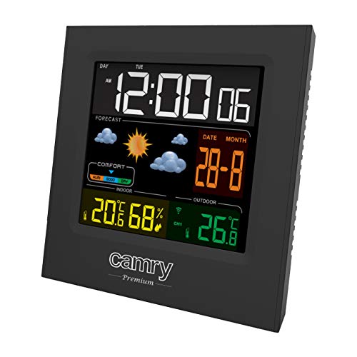 CAMRY CR 1166 Digitale Wetterstation mit Außensensor, für Innen und Außen, Thermometer - Hygrometer, Farbdisplay, Wettervorhersage, für Raum, Büro, Uhr, 2 Wecker, schwarz