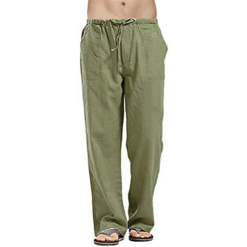 VANVENE Herren Leinenhose Casual Loose Fit Elastische Taille Kordelzug Gerades Bein Yoga Strandhose Gr. 36-41, grün