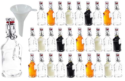 Viva Haushaltswaren - 30 x Mini Glasflasche 40 ml mit Bügelverschluss aus Kunststoff, leere Glasflaschen mit Henkel als Likörflasche & Ölflasche verwendbar (inkl. Trichter Ø 5 cm)