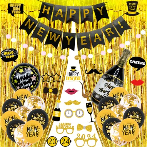 Scnvsi 2024 Neujahrsparty-Dekorationsset, eleganter schwarz-goldener Themenballon, frohes neues Jahr, Partyzubehör