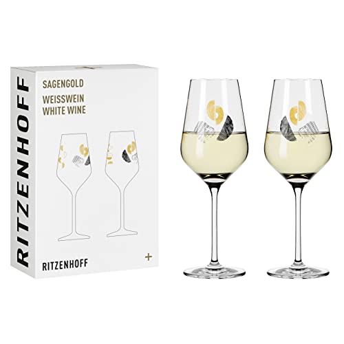 Ritzenhoff 3411002 Weißweinglas 400 ml – Serie Sagengold Nr. 2 – 2er Set mit Traubenmotiv, Echt-Gold – Made in Germany