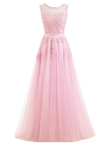 Romantic-Fashion Damen Ballkleid Abendkleid Brautkleid Lang Modell E010-E015 Blütenapplikationen Tüll DE Rosa Größe 36