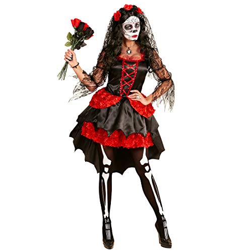 Amakando Elegantes Tag der Toten Halloween-Kostüm für Damen / Schwarz-Rot L (42/44) / Schönes La Catrina Damenkostüm / EIN Blickfang zu Horror-Party & Themenabend