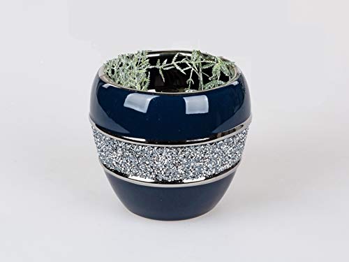 Edle Vase Blumenvase Tischvase Flunder Designvase in Nachtblau und Silber glänzend und mit Strass verziert, in verschiedenen Variationen (Kübel 16 cm)