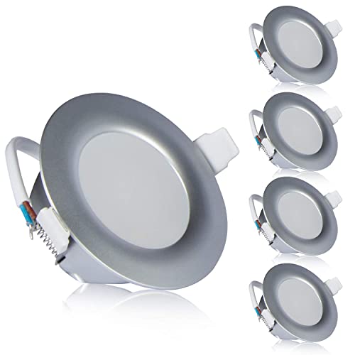 Ultra Flach LED Einbaustrahler IP44 |auch für das Bad geeignet| 4W 230V Rahmen Silber-Grau Rund Einbauspots Badleuchten, 5 Stück Einbauleuchten (Silber - Kaltweiss)